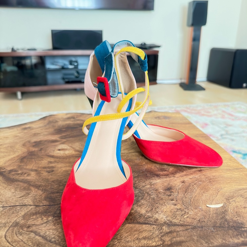 Red and Blue High Heeled Sandals with Ankle Strap